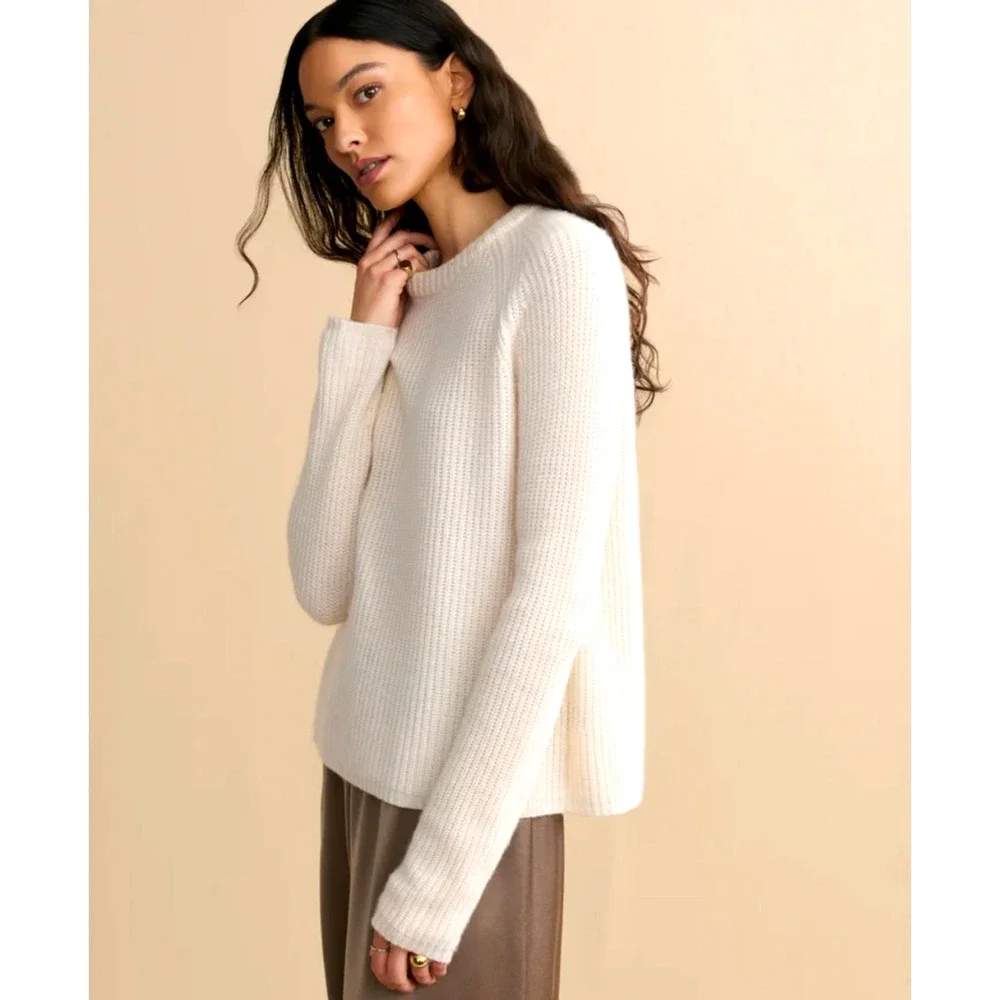 Jenni Kayne L Iconic 100% CASHMERE Fisherman Sweater $425 Ivory Cream White NWT!